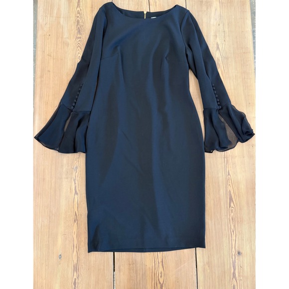 Calvin Klein Black Sheath Dress Size 10 Bell Sleeve Career Cocktail Witchy Goth - Picture 1 of 8